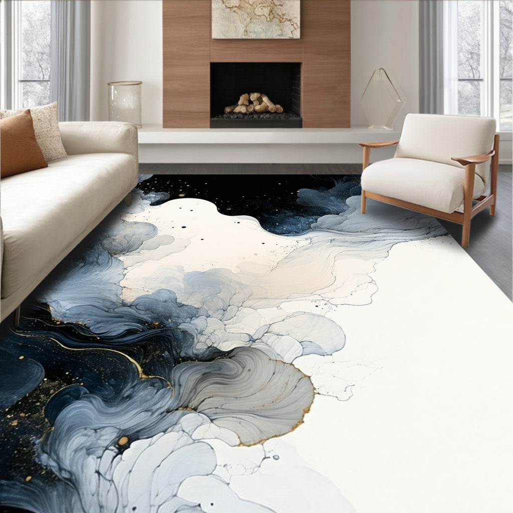 Abstract Ink Swirl Gold Accents Rug