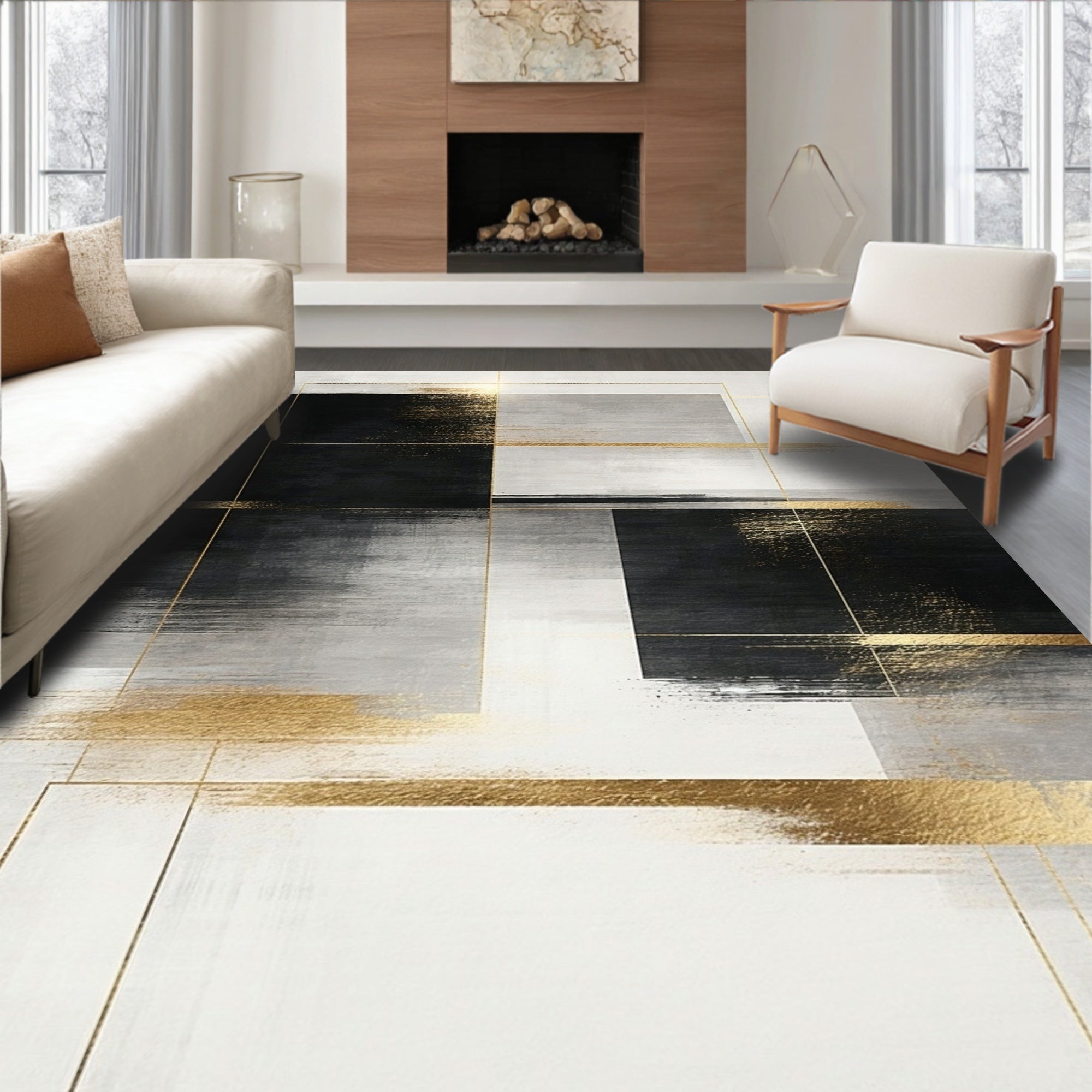 Abstract Brushstroke Gold Geometric Design Rug