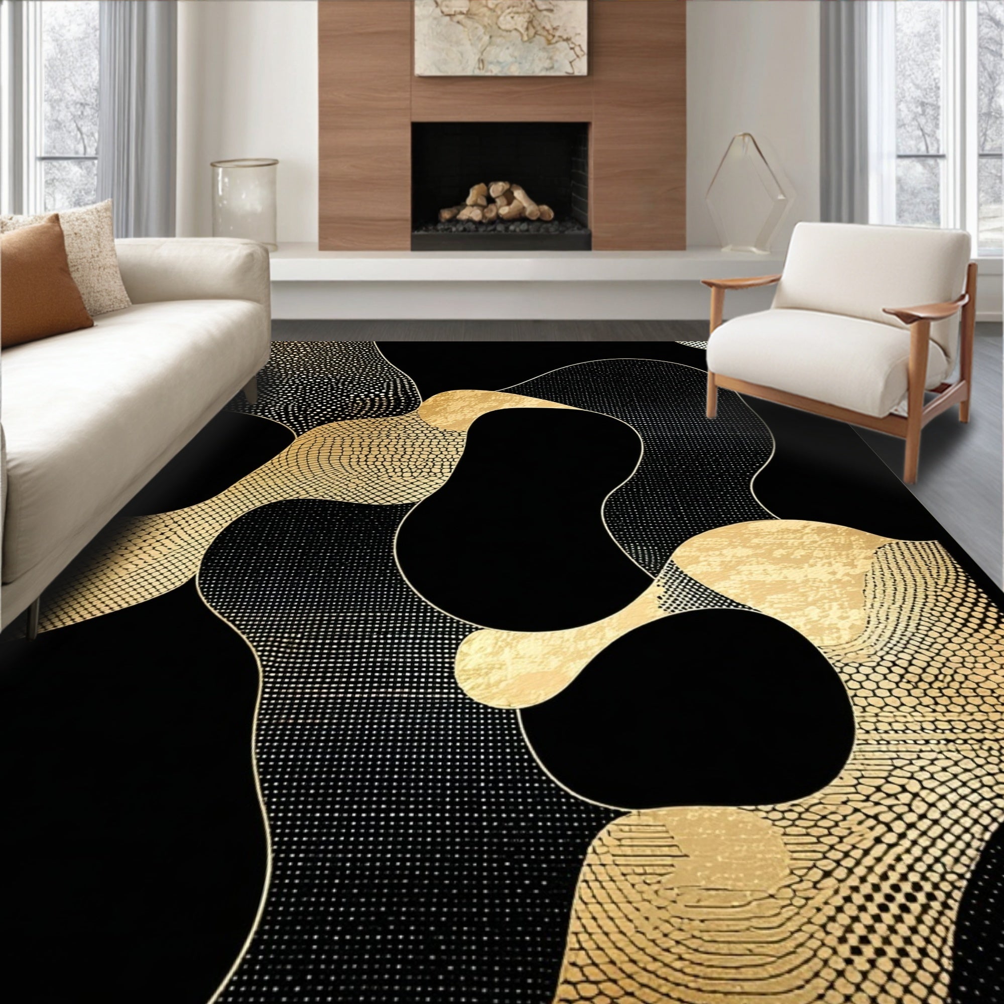 Abstract Gold Dot Flow Pattern Rug