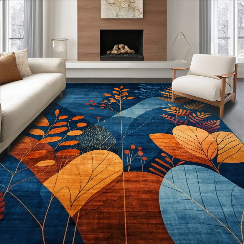 Abstract Botanical Blue And Orange Foliage Rug
