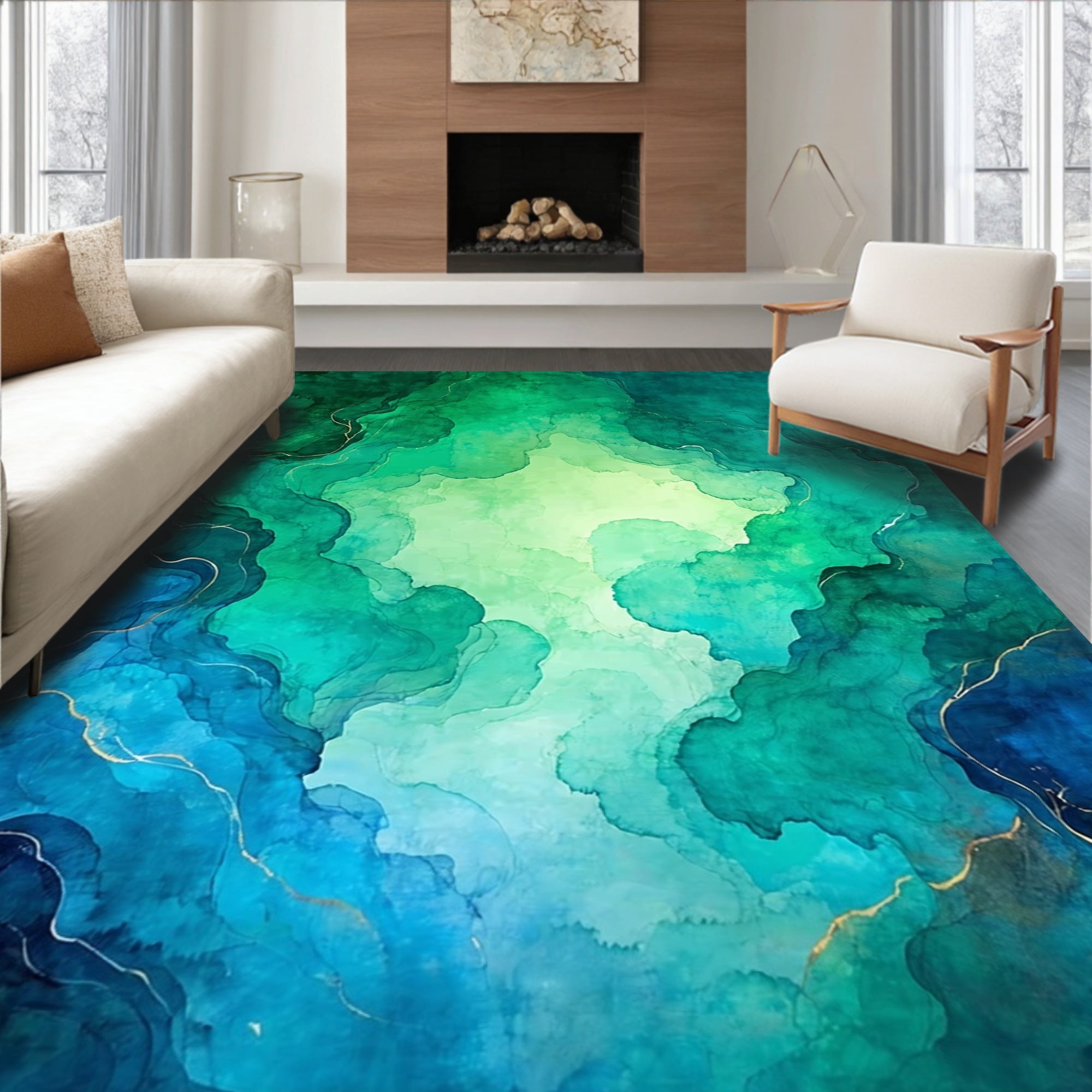 Abstract Blue Green Swirls With Gold Accents Rug