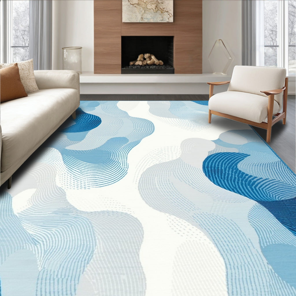 Abstract Blue Fluid Waves Rug