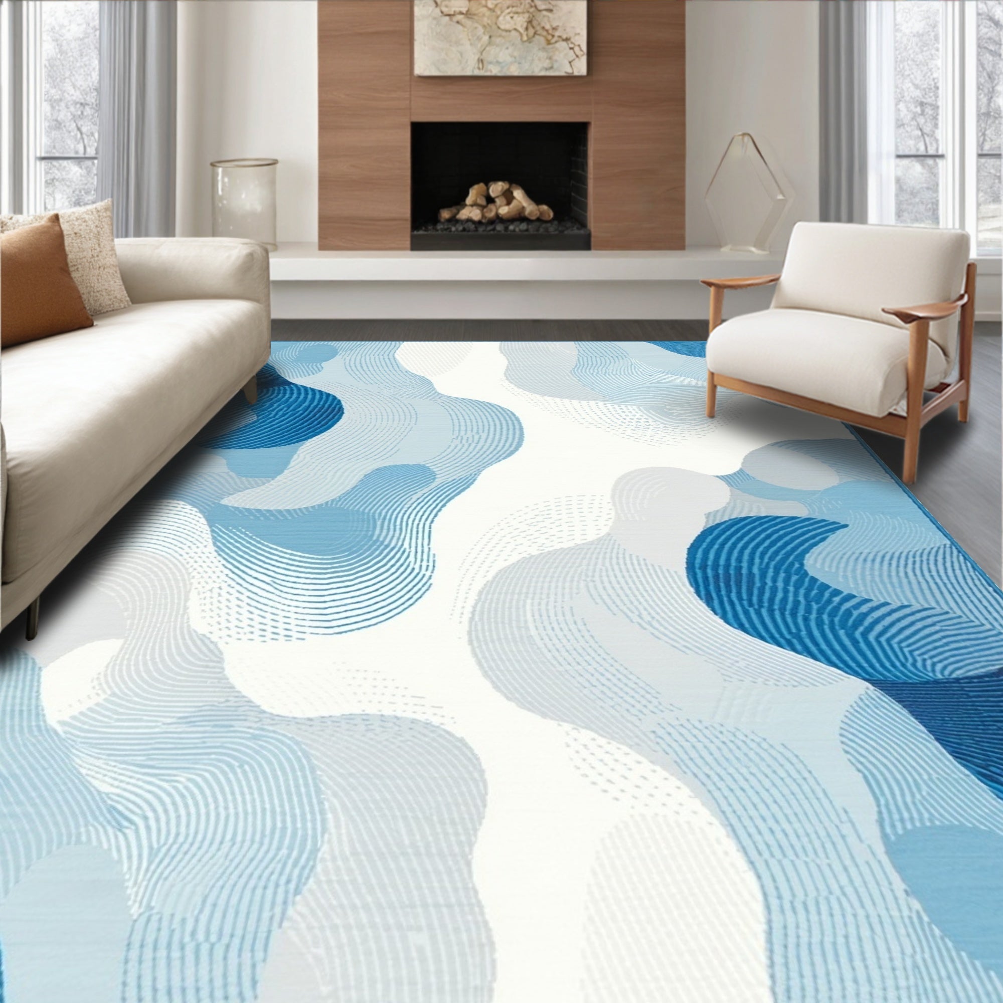 Abstract Blue Fluid Waves Rug