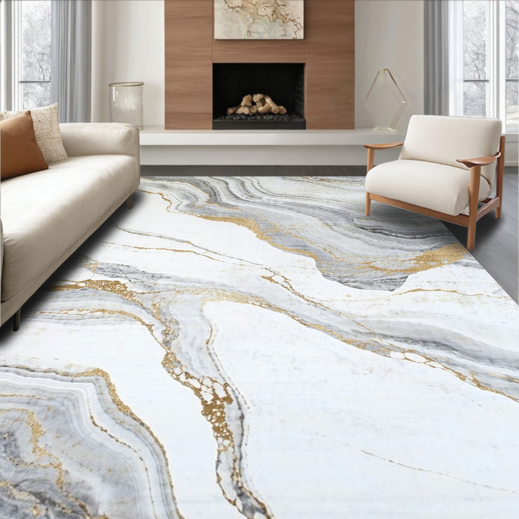 Abstract Gold Veined Marble Pattern Rug