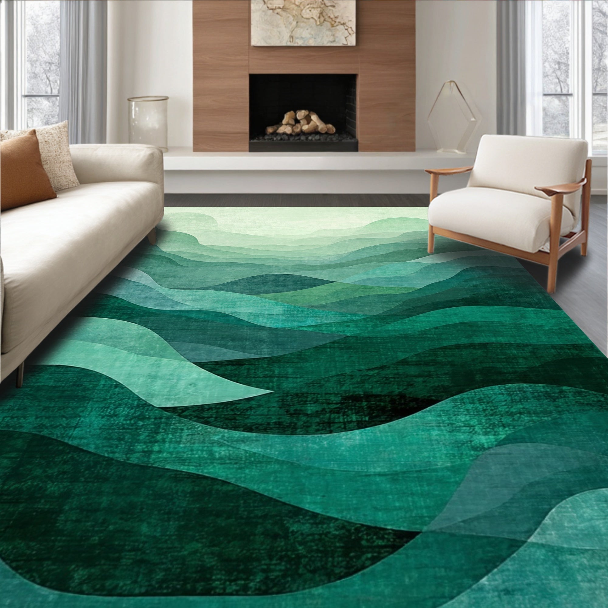 Abstract Layered Green Waves Rug
