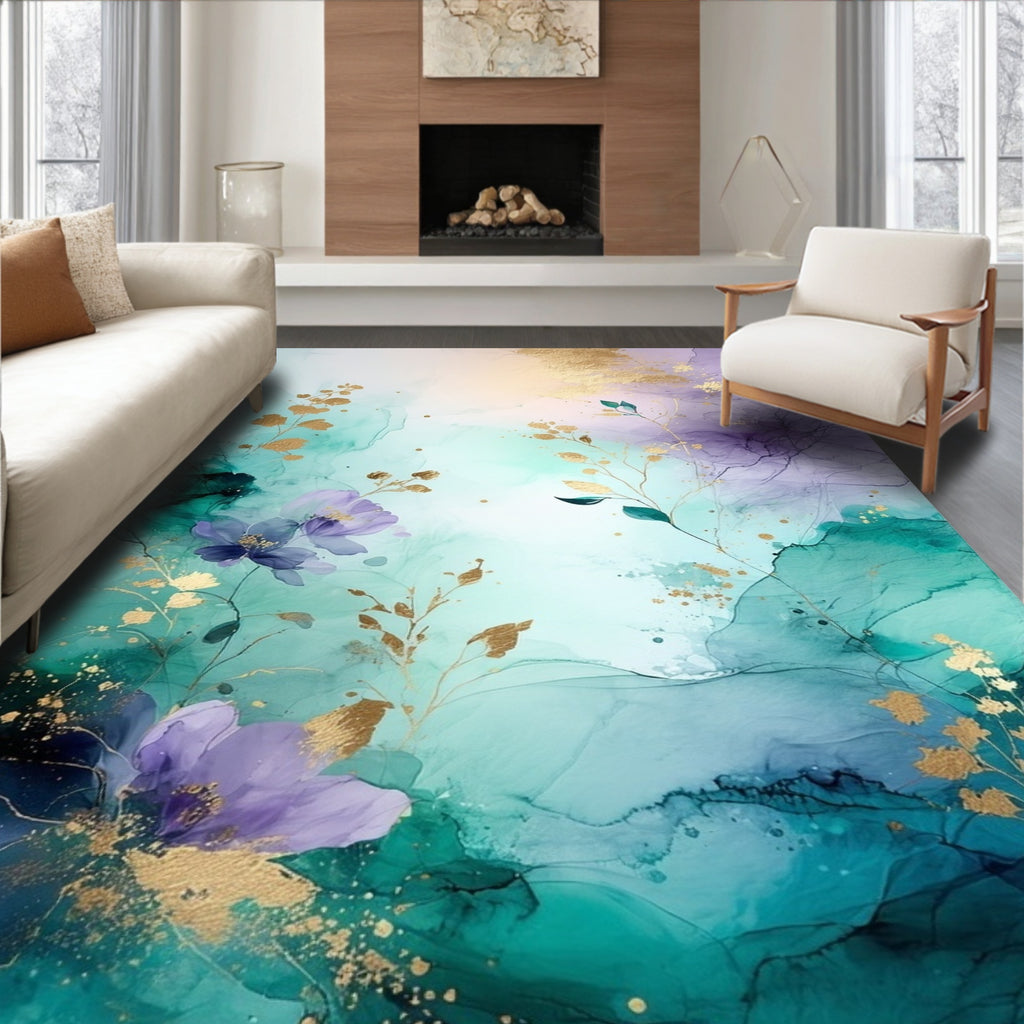 Abstract Floral Gold Teal Design Rug