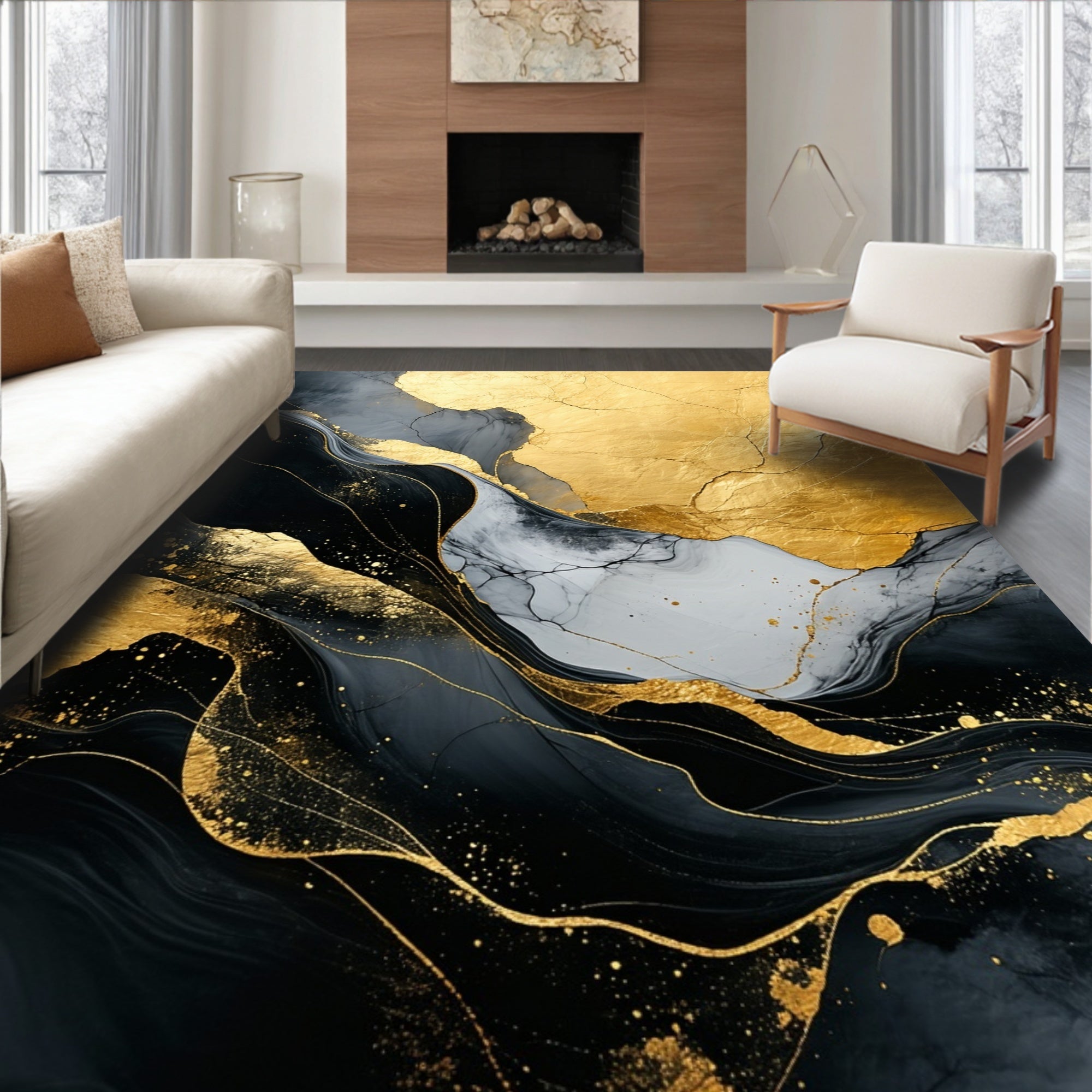 Abstract Gold Black Flowing Lines Rug
