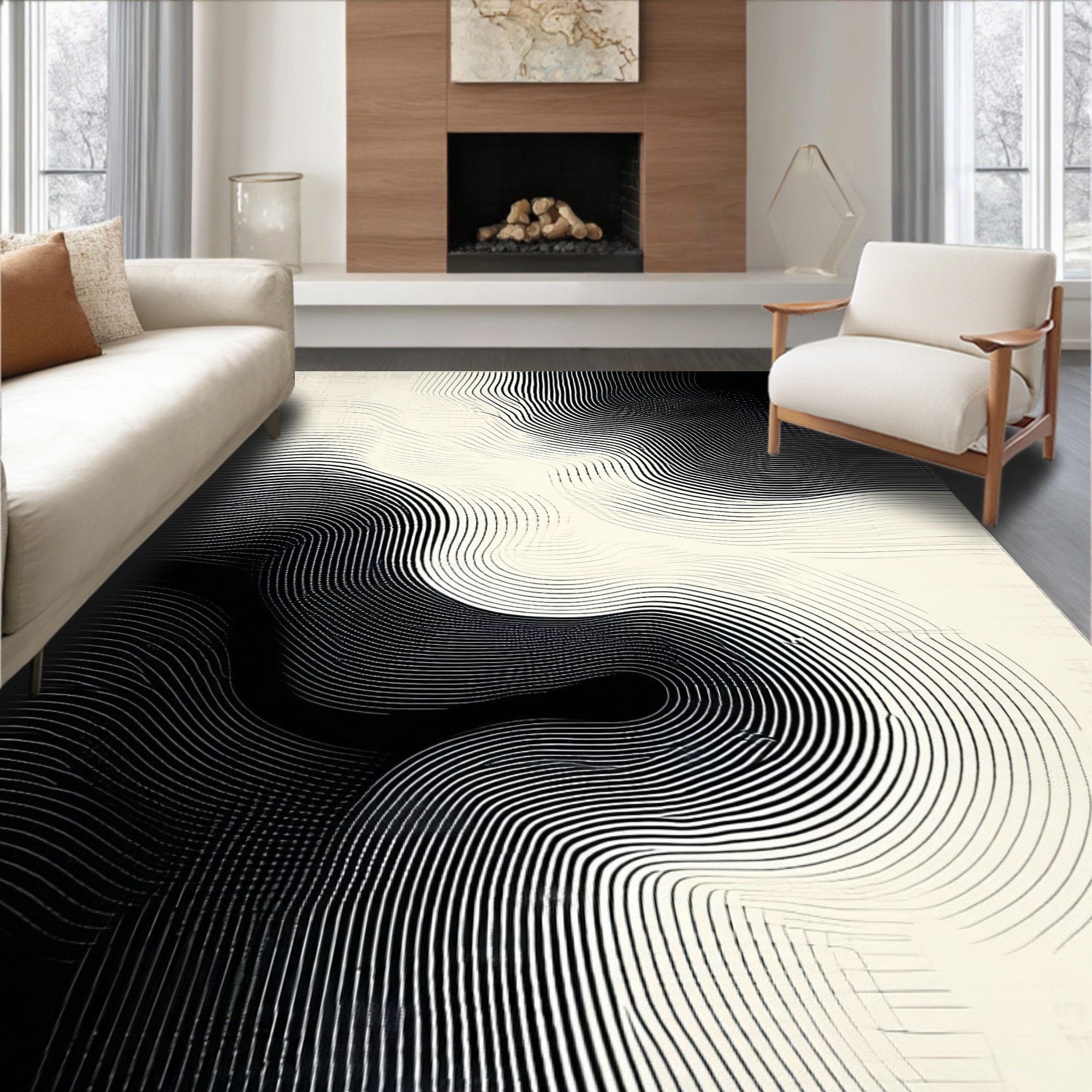 Abstract Black White Wavy Lines Rug