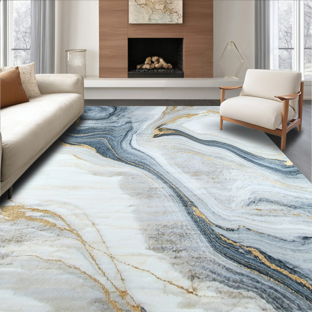 Abstract Grey Gold Swirls Rug