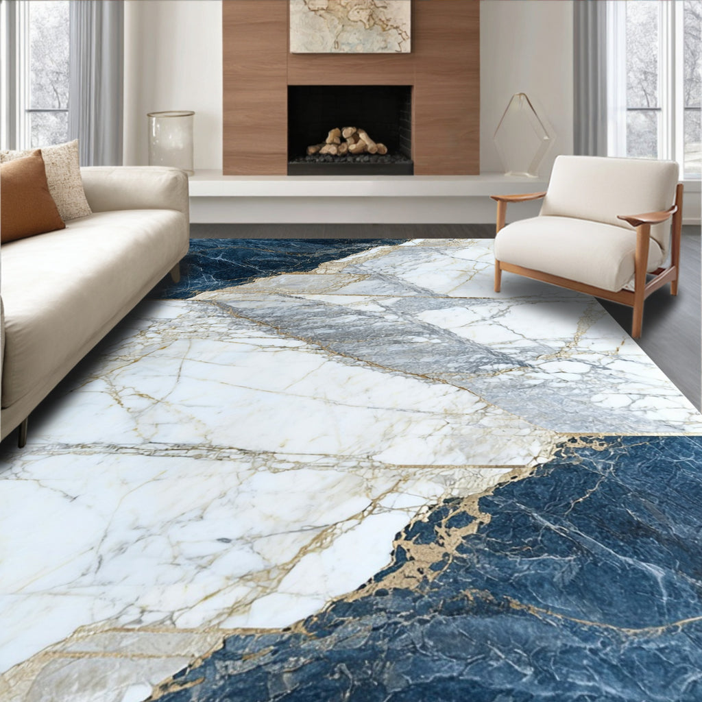 Abstract Blue Gold Marble Pattern Rug