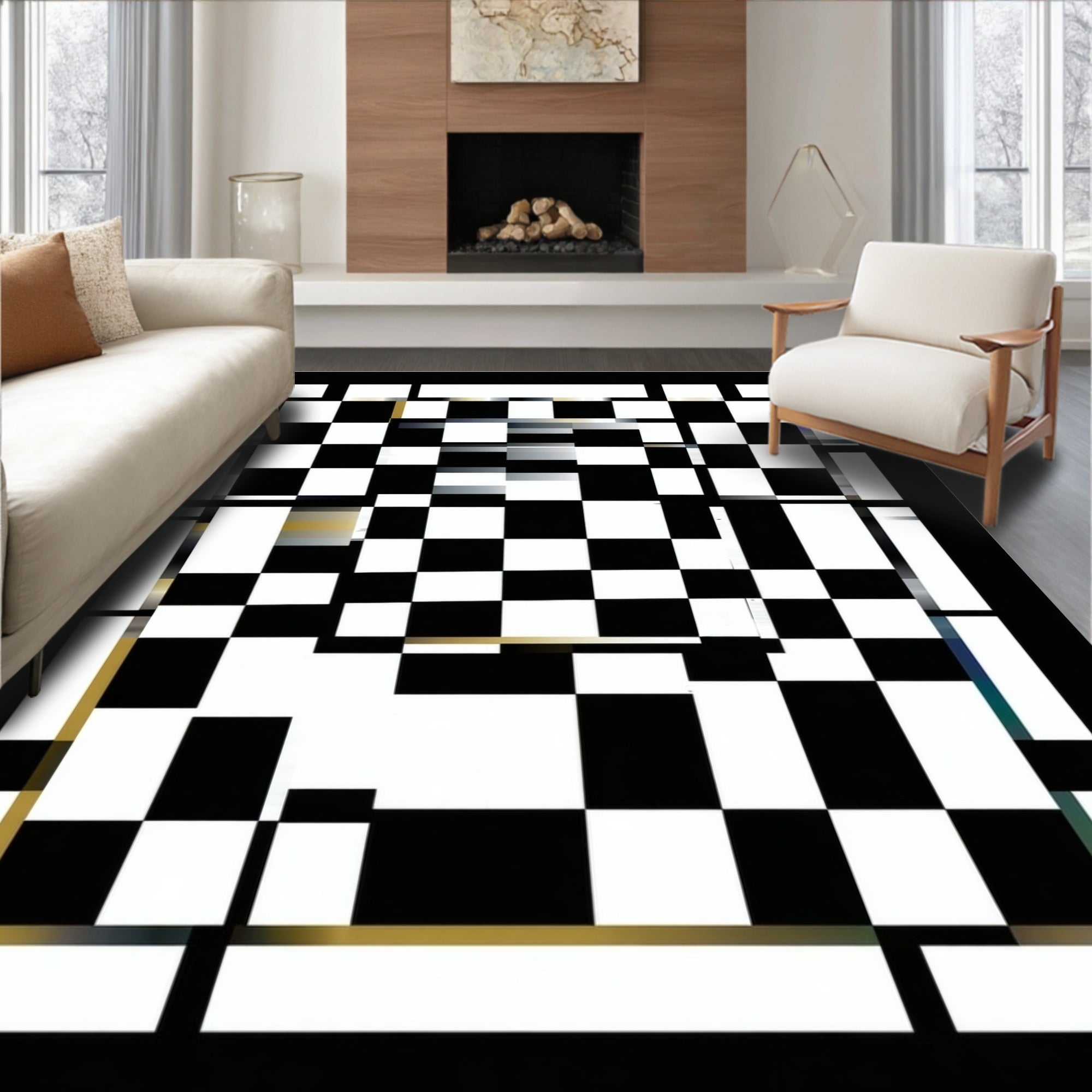 Abstract Glitch Chessboard Pattern Rug