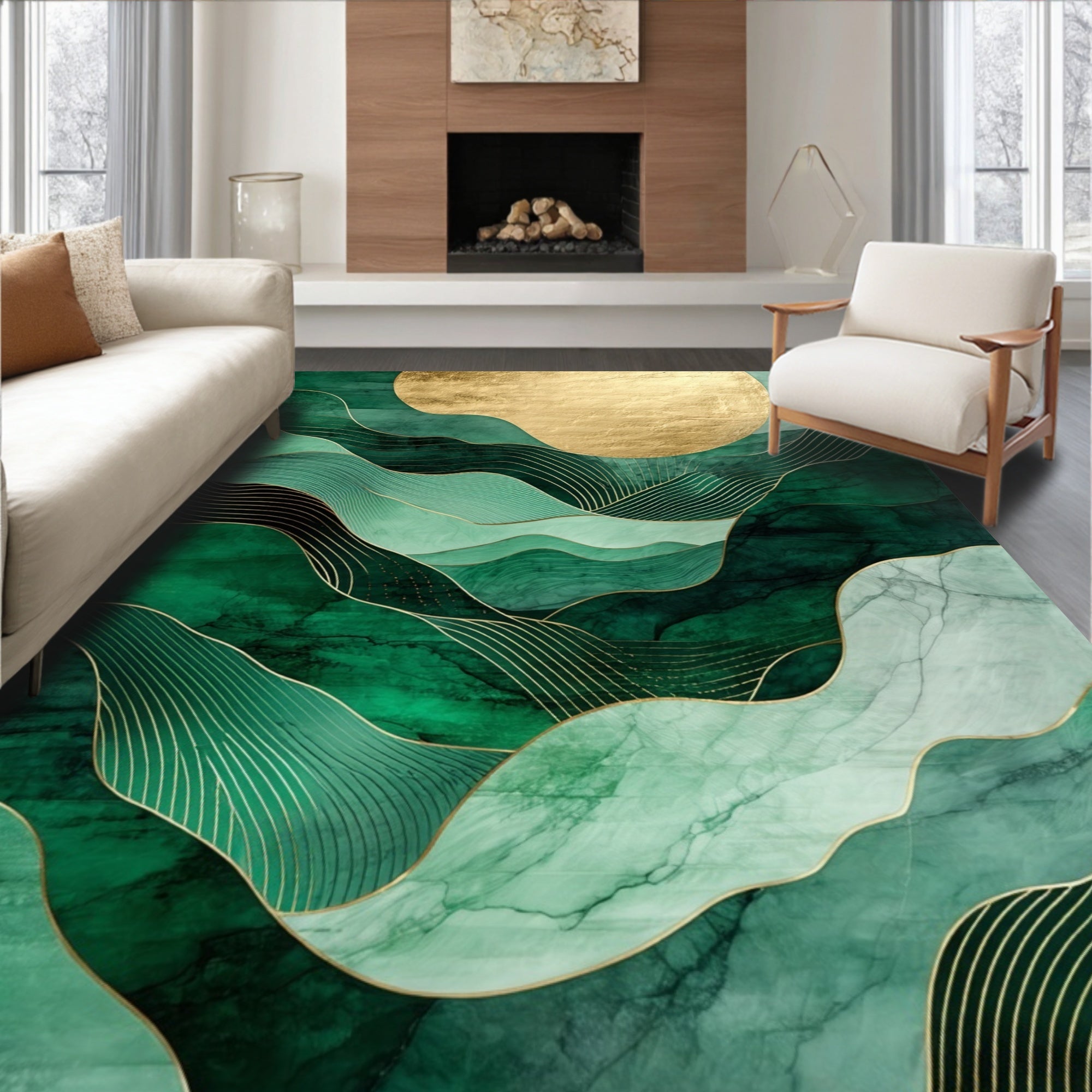 Abstract Green Gold Landscape Rug