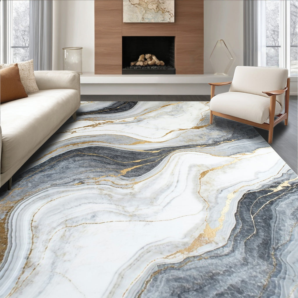 Abstract Gold Veined Marble Rug