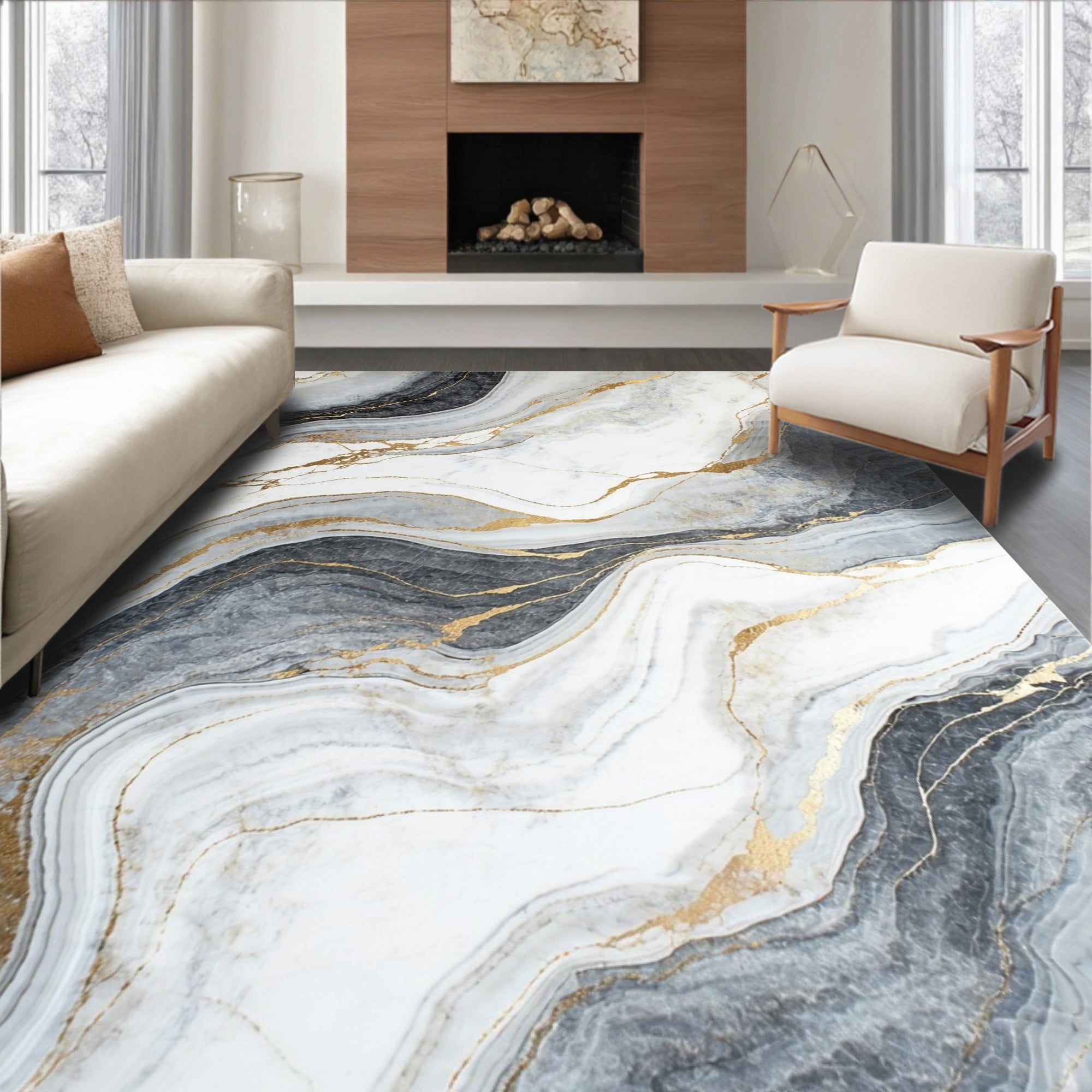 Abstract Gold Veined Marble Rug