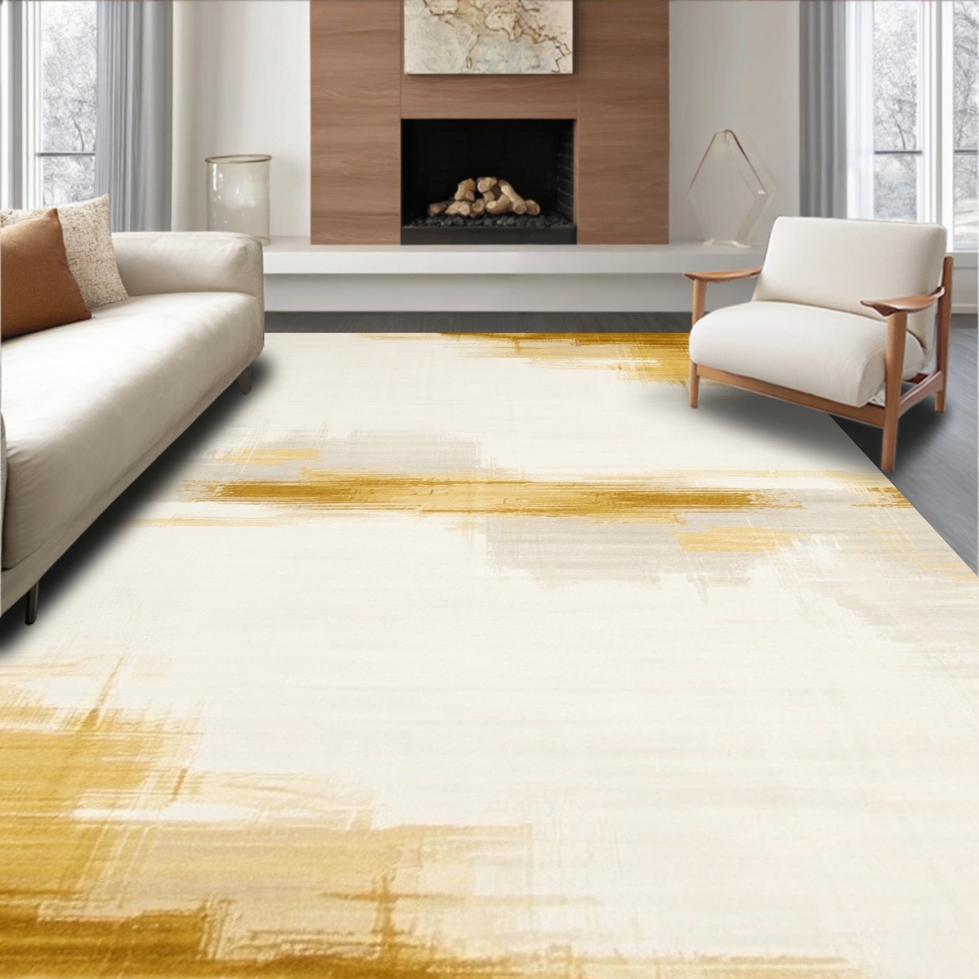 Abstract Brushstroke Gold Gray Rug