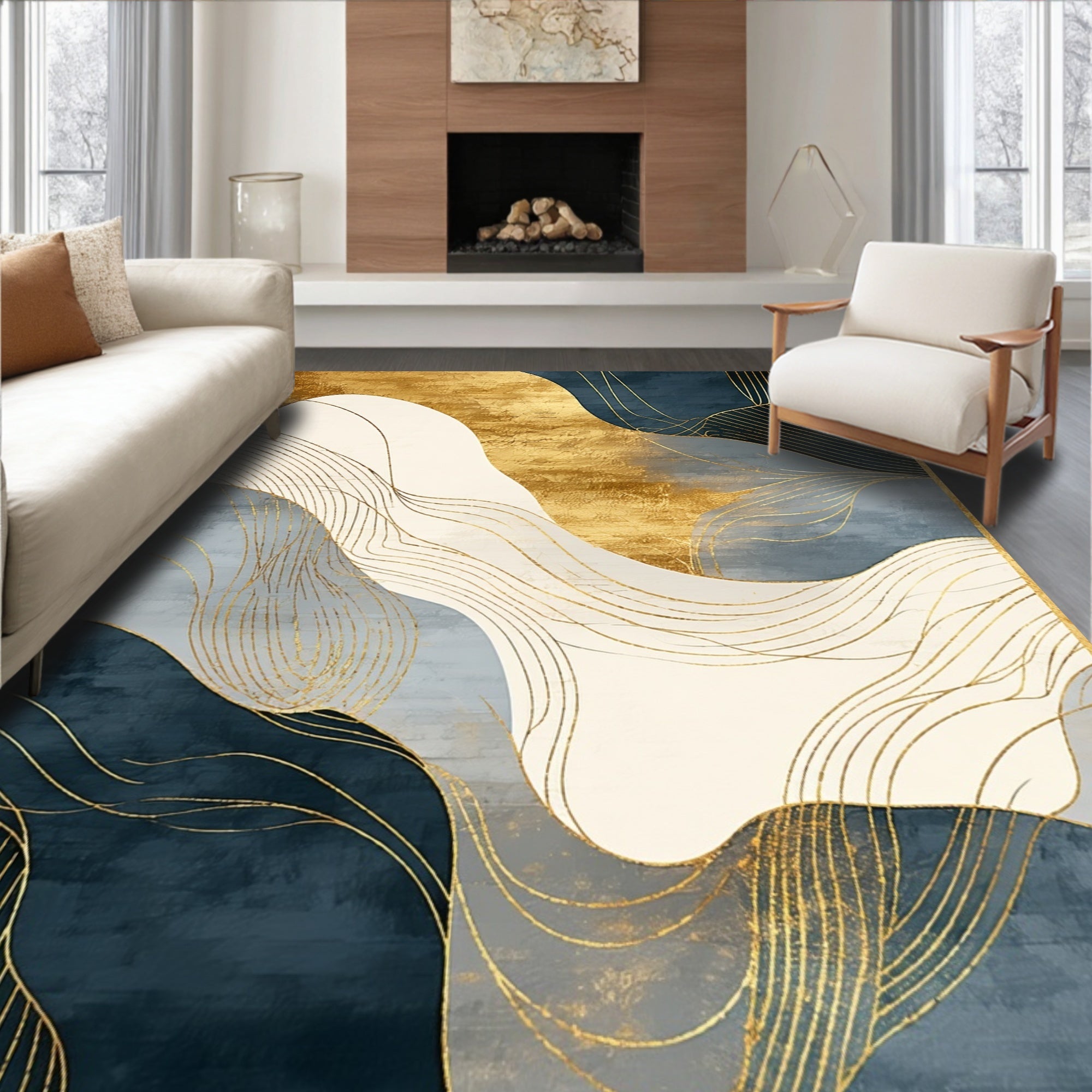 Abstract Gold Navy Wave Rug