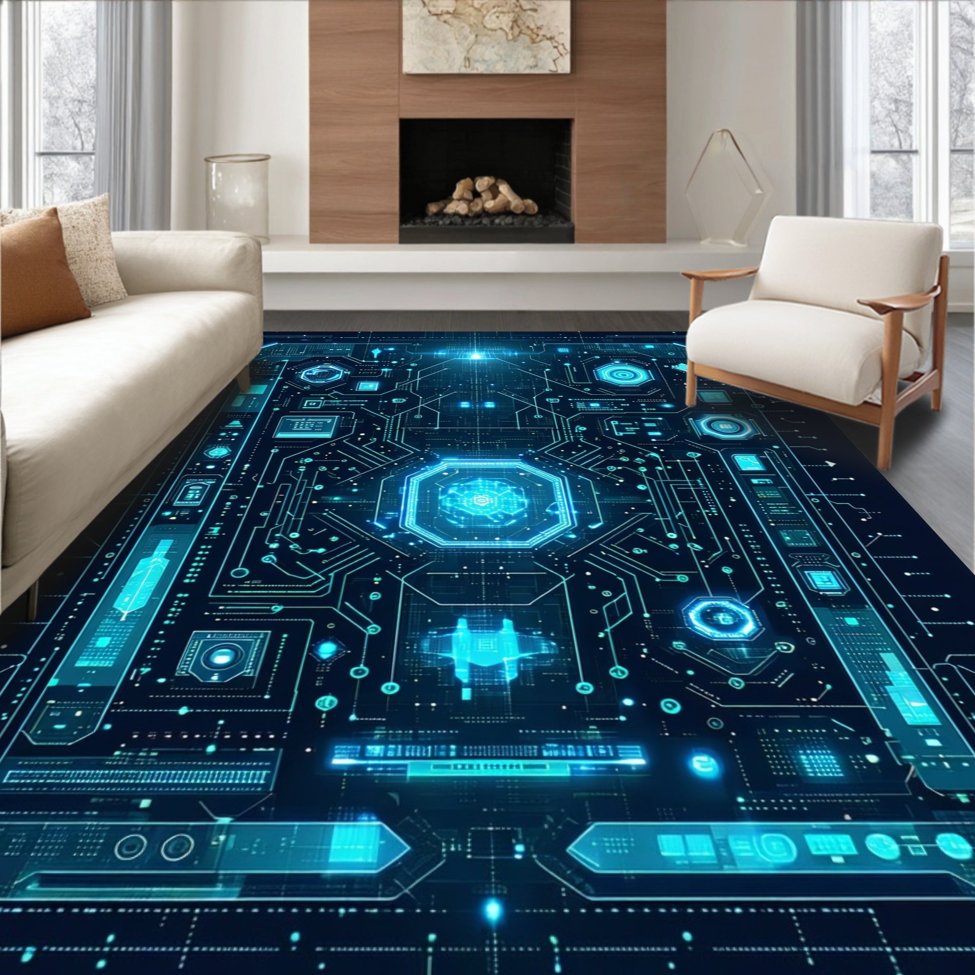 Abstract Circuitry With Blue Glow Rug