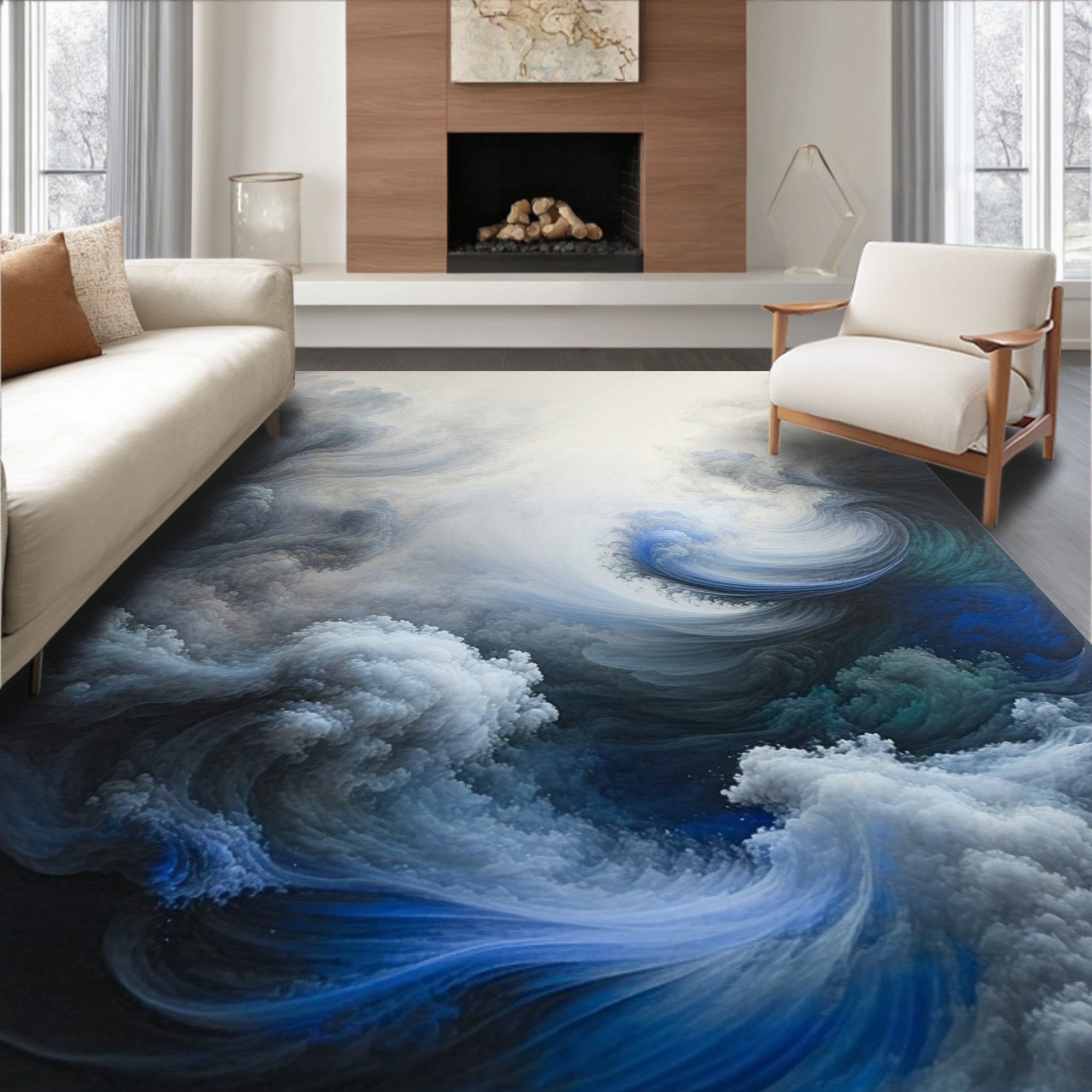 Abstract Deep Blue Swirl Pattern Rug