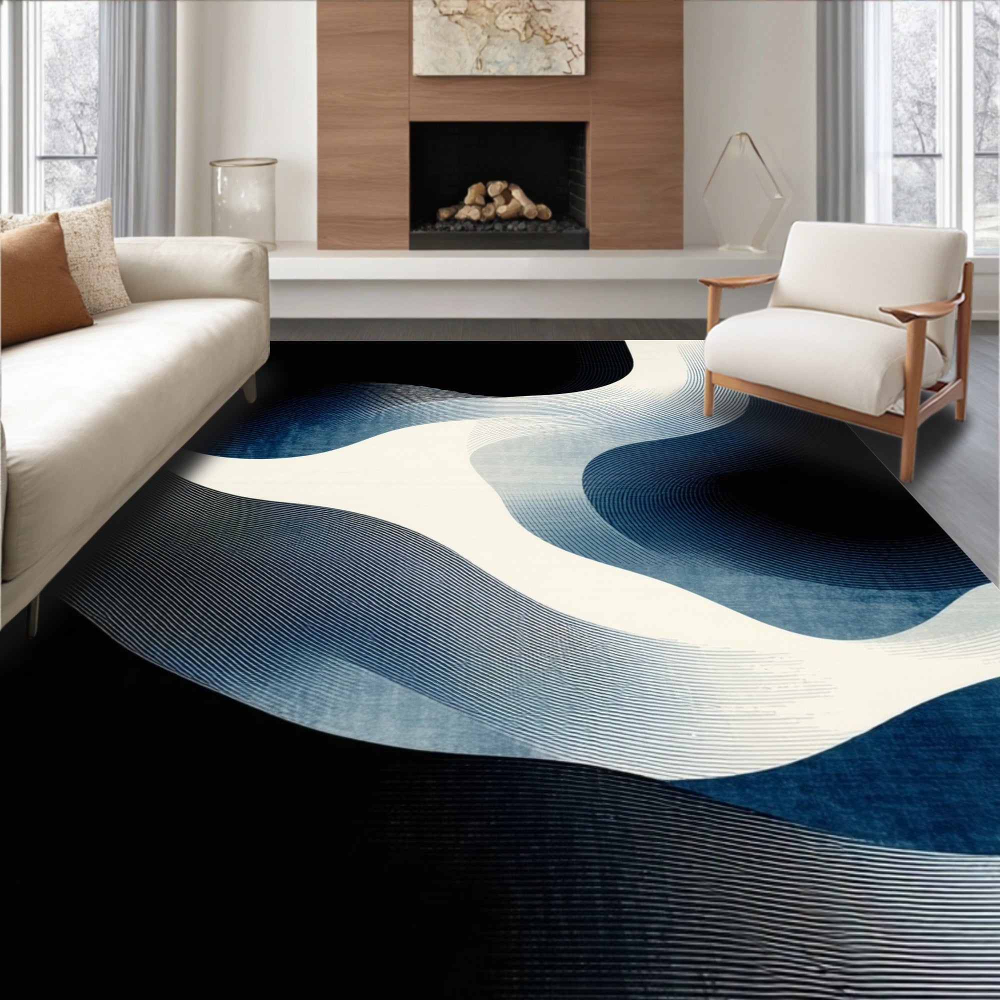 Abstract Blue White Wave Pattern Rug